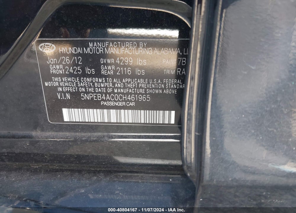 2012 HYUNDAI SONATA GLS VIN: 5NPEB4AC0CH461965