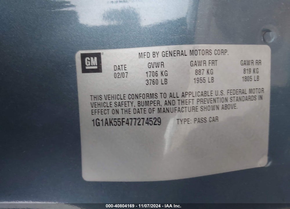 2007 CHEVROLET COBALT LS VIN: 1G1AK55F477274529