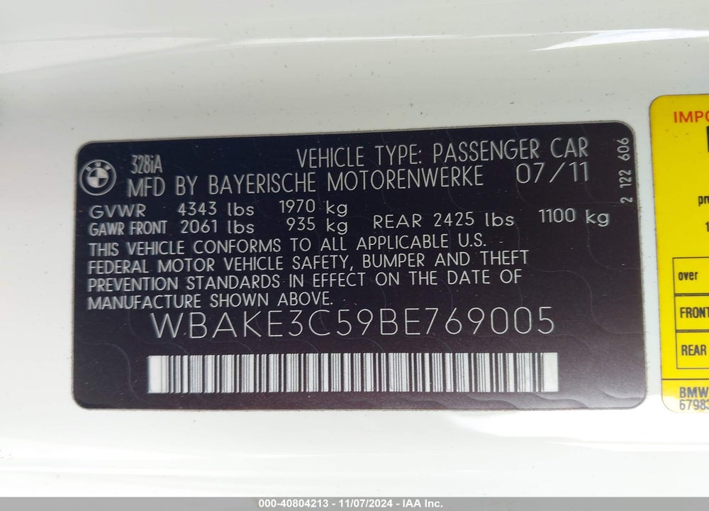 2011 BMW 328I VIN: WBAKE3C59BE769005