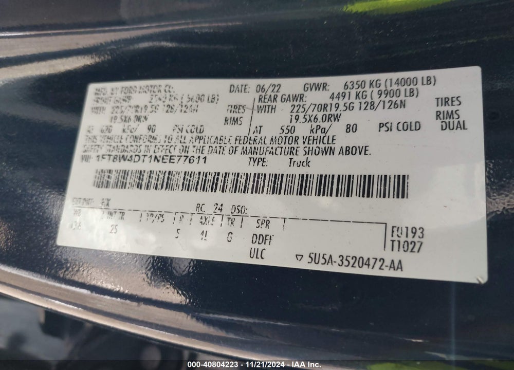 2022 FORD F-450 XLT VIN: 1FT8W4DT1NEE77611