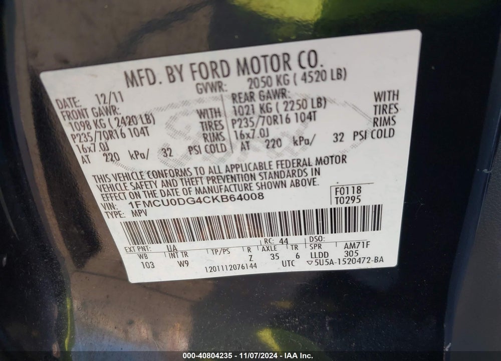 2012 FORD ESCAPE XLT VIN: 1FMCU0DG4CKB64008