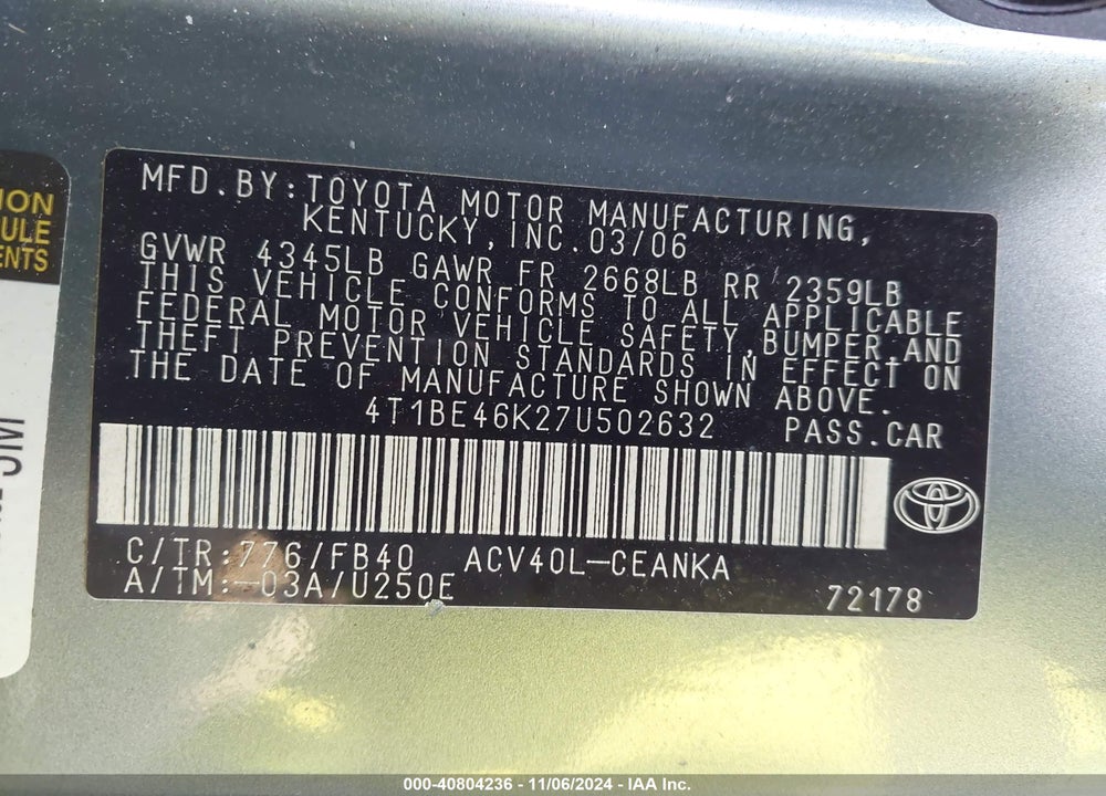 2007 TOYOTA CAMRY LE VIN: 4T1BE46K27U502632