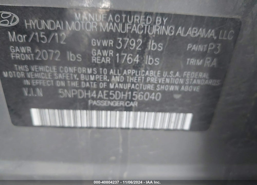2013 HYUNDAI ELANTRA LIMITED VIN: 5NPDH4AE5DH156040