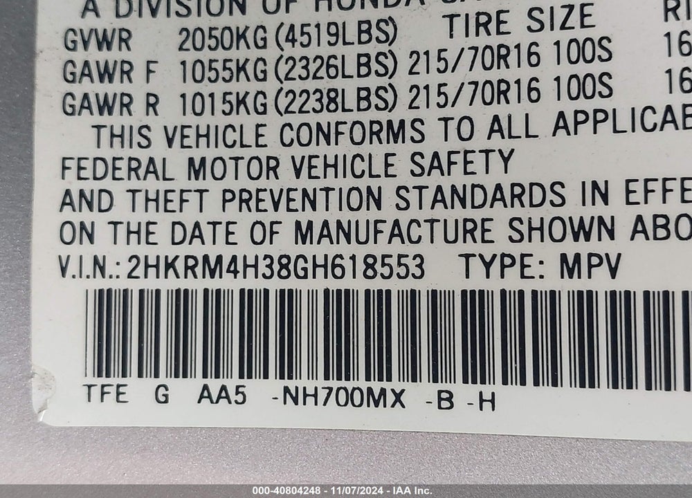 2016 HONDA CR-V LX VIN: 2HKRM4H38GH618553