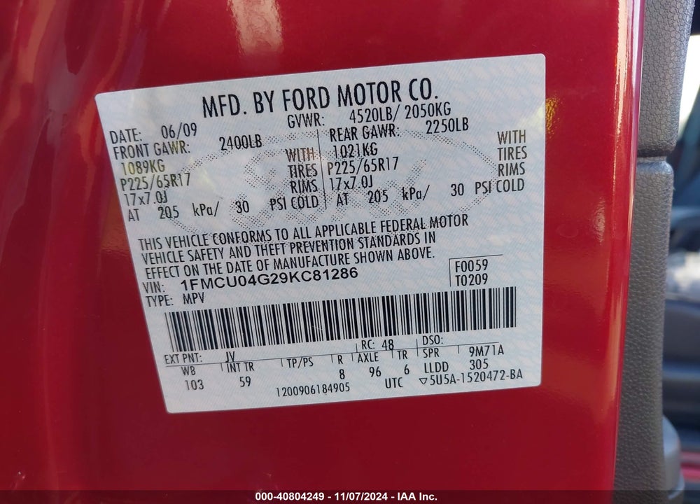 2009 FORD ESCAPE LIMITED VIN: 1FMCU04G29KC81286