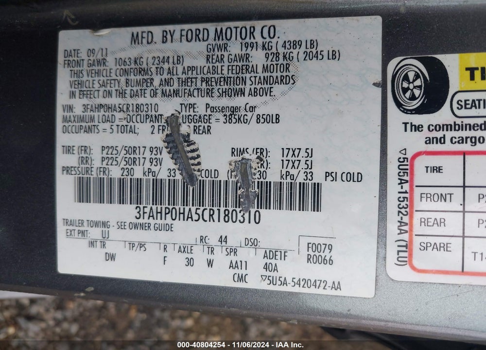 2012 FORD FUSION SE VIN: 3FAHP0HA5CR180310