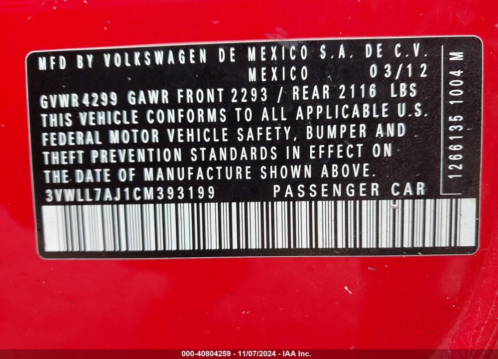 2012 VOLKSWAGEN JETTA 2.0L TDI VIN: 3VWLL7AJ1CM393199