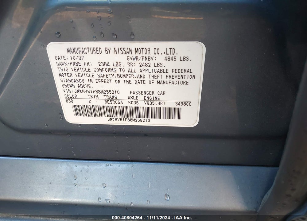 2008 INFINITI G35X VIN: JNKBV61F88M255210