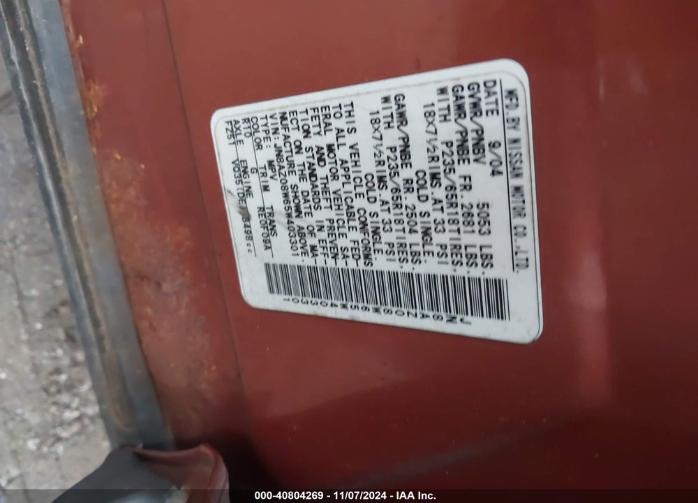 2005 NISSAN MURANO SL VIN: JN8AZ08W65W403301