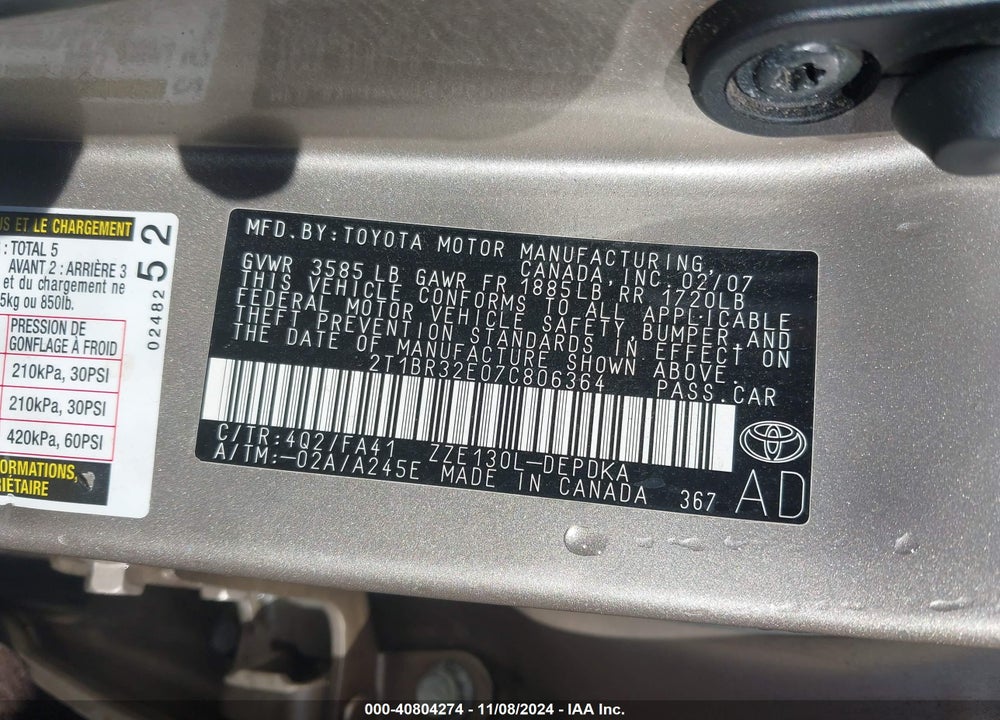 2007 TOYOTA COROLLA CE VIN: 2T1BR32E07C806364