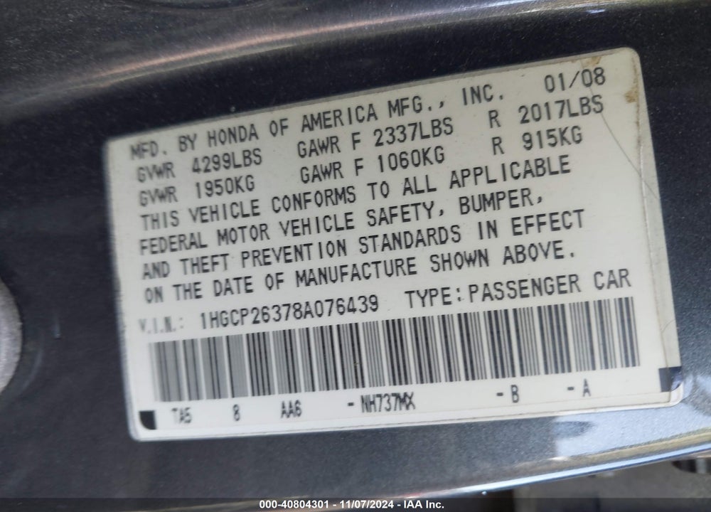 2008 HONDA ACCORD 2.4 LX VIN: 1HGCP26378A076439