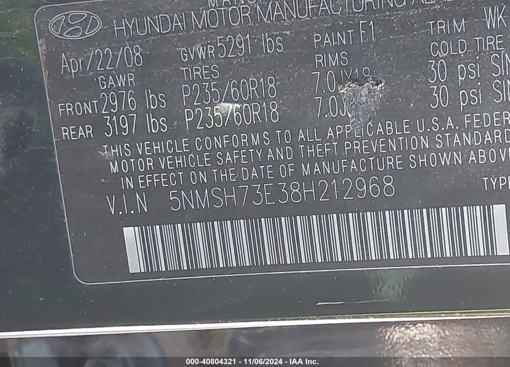 2008 HYUNDAI SANTA FE LIMITED/SE VIN: 5NMSH73E38H212968