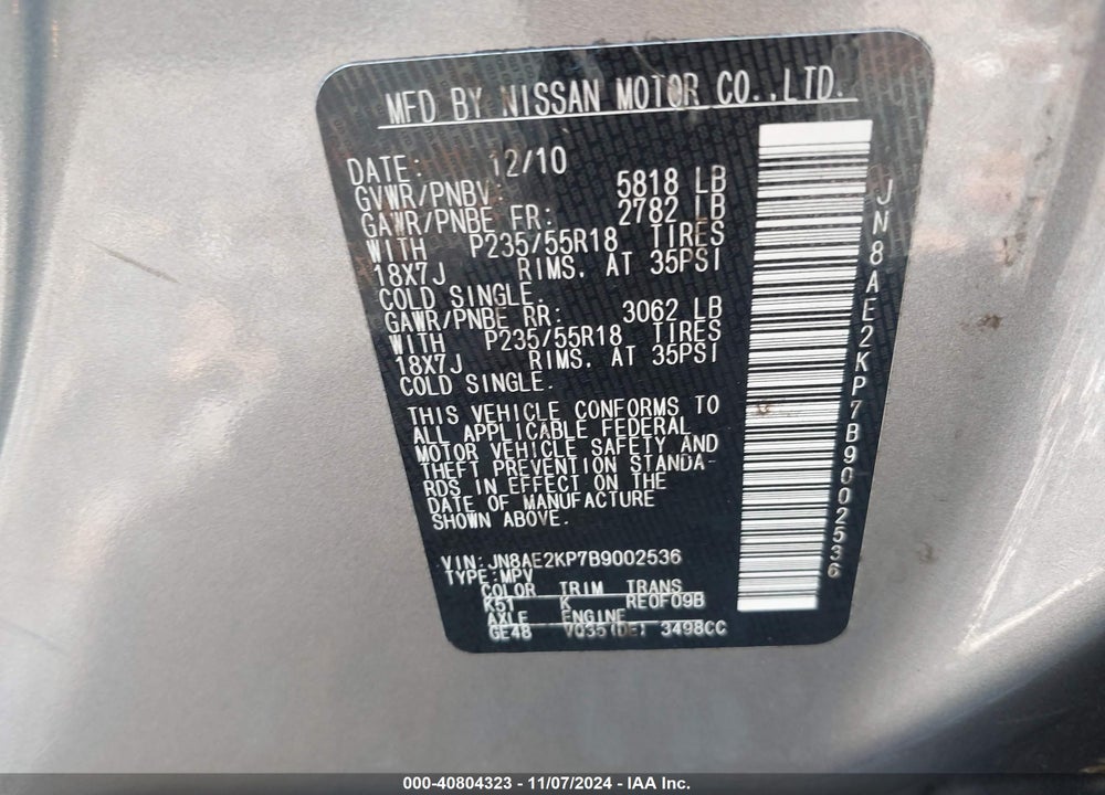 2011 NISSAN QUEST LE VIN: JN8AE2KP7B9002536