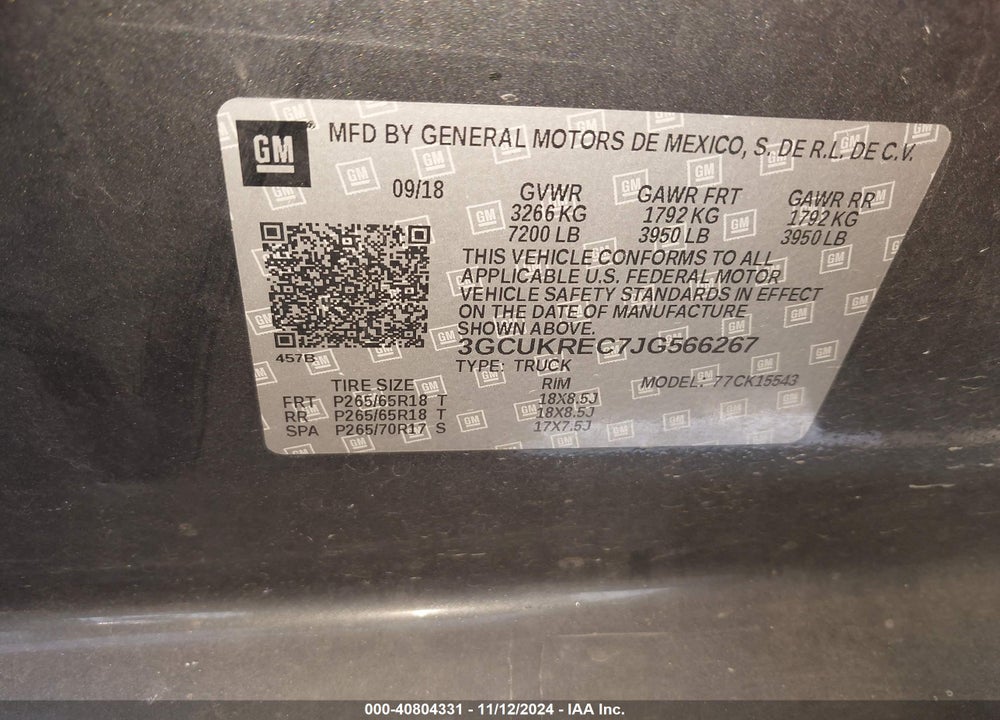2018 CHEVROLET SILVERADO 1500 2LT VIN: 3GCUKREC7JG566267