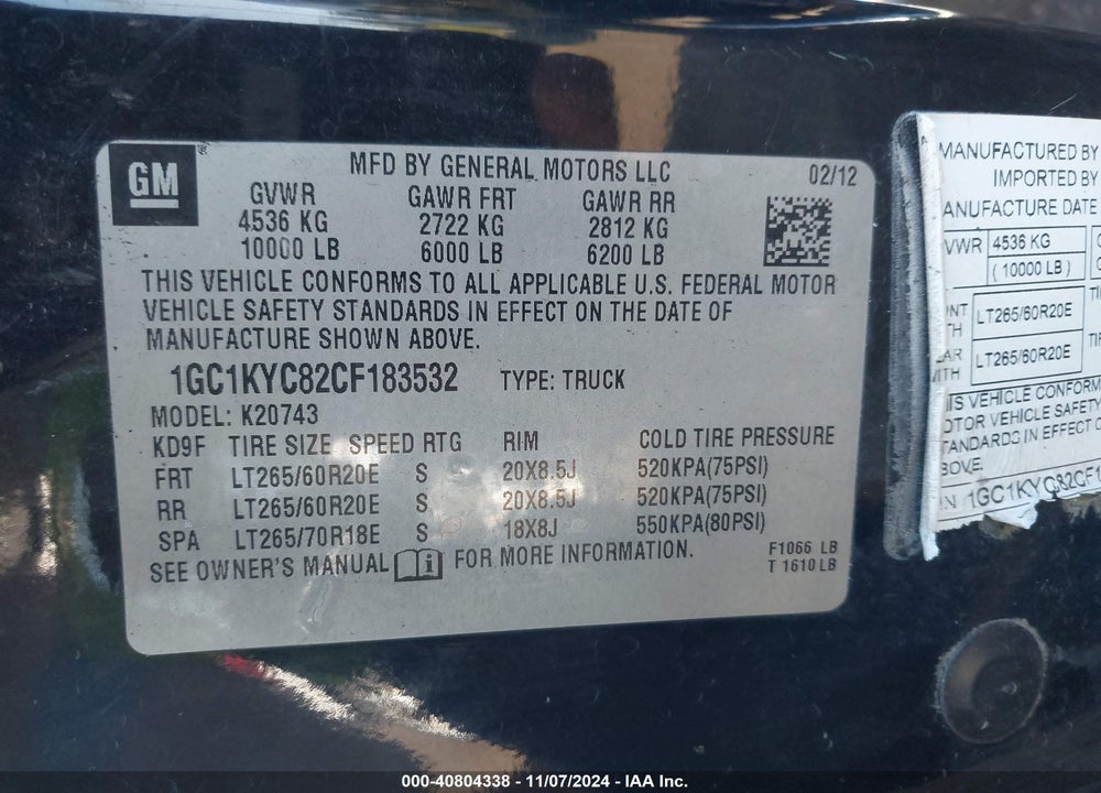 2012 CHEVROLET SILVERADO 2500HD LTZ VIN: 1GC1KYC82CF183532