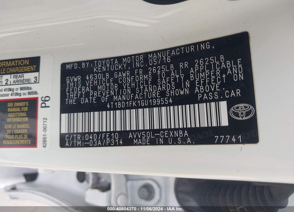 2016 TOYOTA CAMRY HYBRID LE VIN: 4T1BD1FK1GU199554