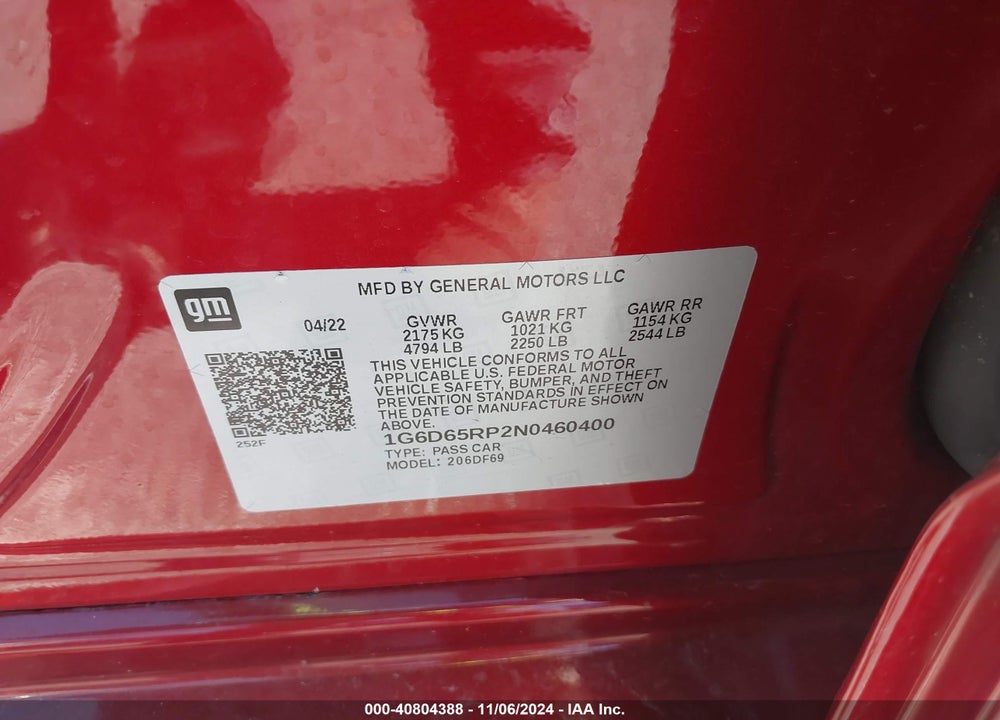 2022 CADILLAC CT4-V VIN: 1G6D65RP2N0460400