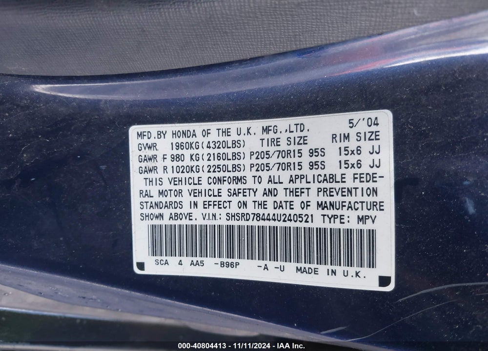 2004 HONDA CR-V LX VIN: SHSRD78444U240521