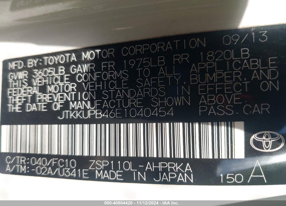 2014 SCION XD VIN: JTKKUPB46E1040454