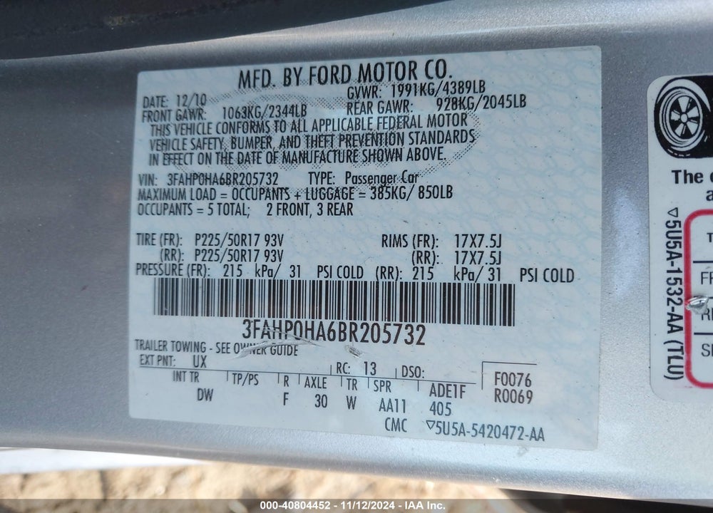 2011 FORD FUSION SE VIN: 3FAHP0HA6BR205732