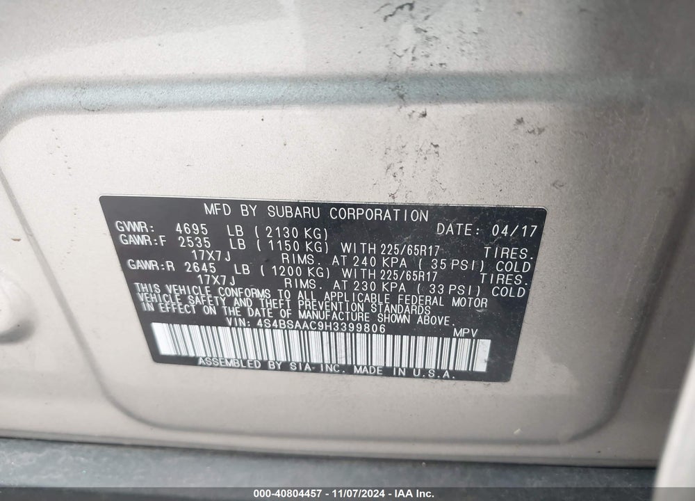 2017 SUBARU OUTBACK 2.5I VIN: 4S4BSAAC9H3399806