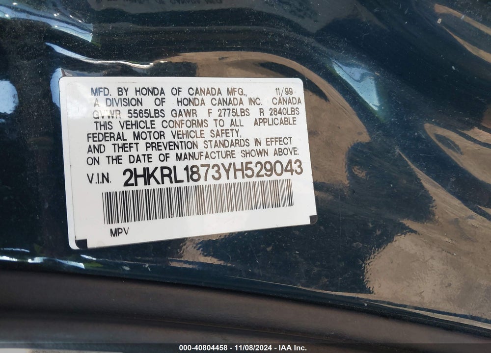 2000 HONDA ODYSSEY EX VIN: 2HKRL1873YH529043