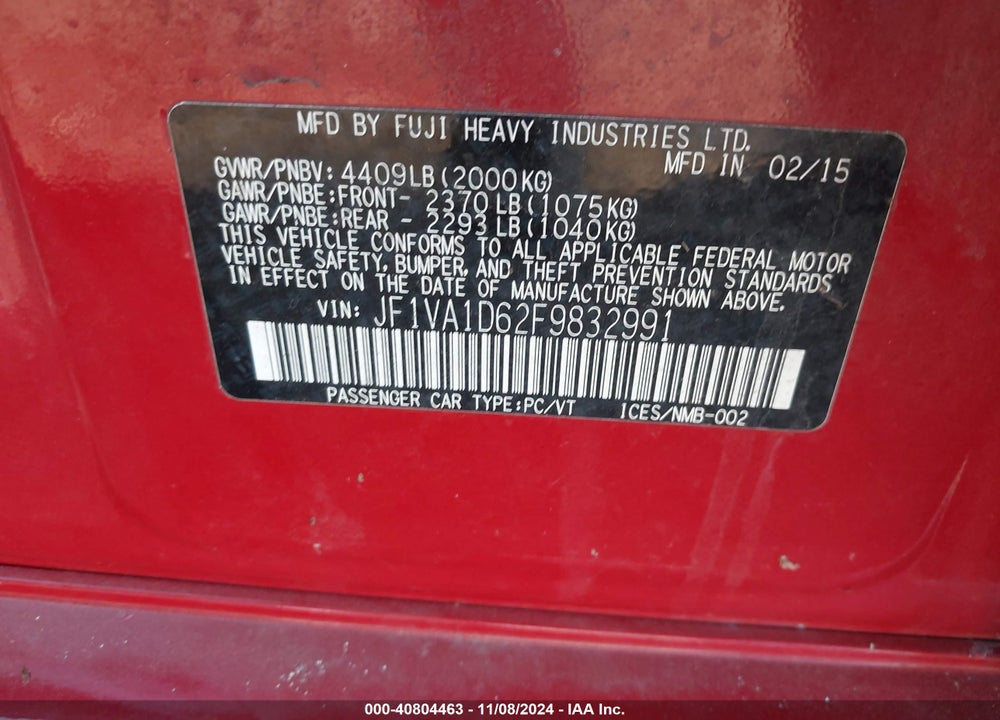 2015 SUBARU WRX PREMIUM VIN: JF1VA1D62F9832991