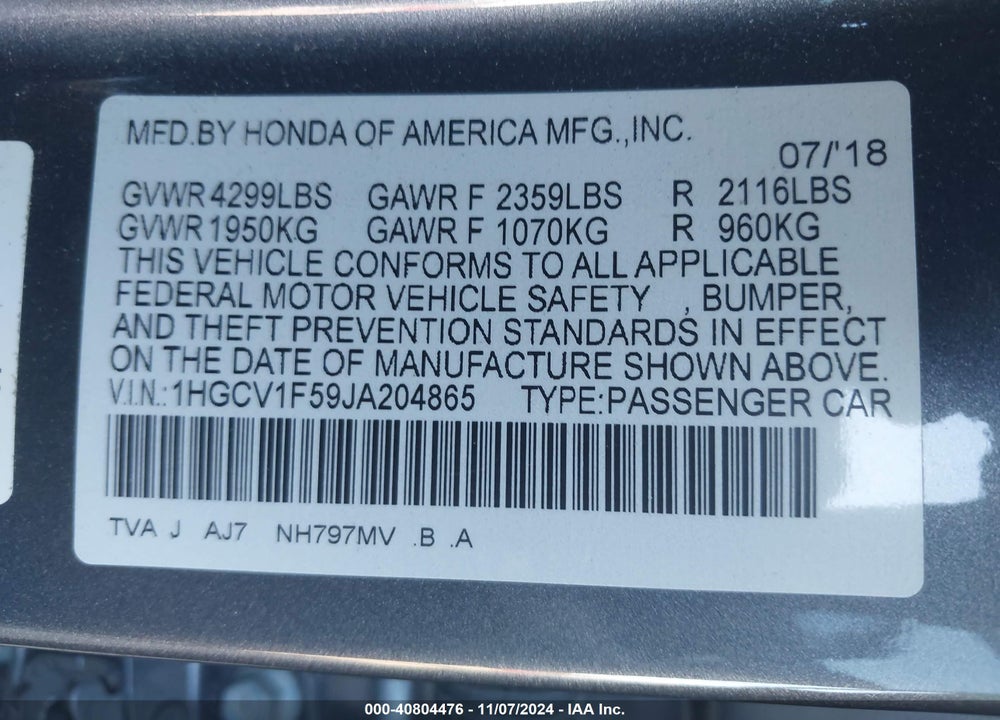 2018 HONDA ACCORD EX-L VIN: 1HGCV1F59JA204865