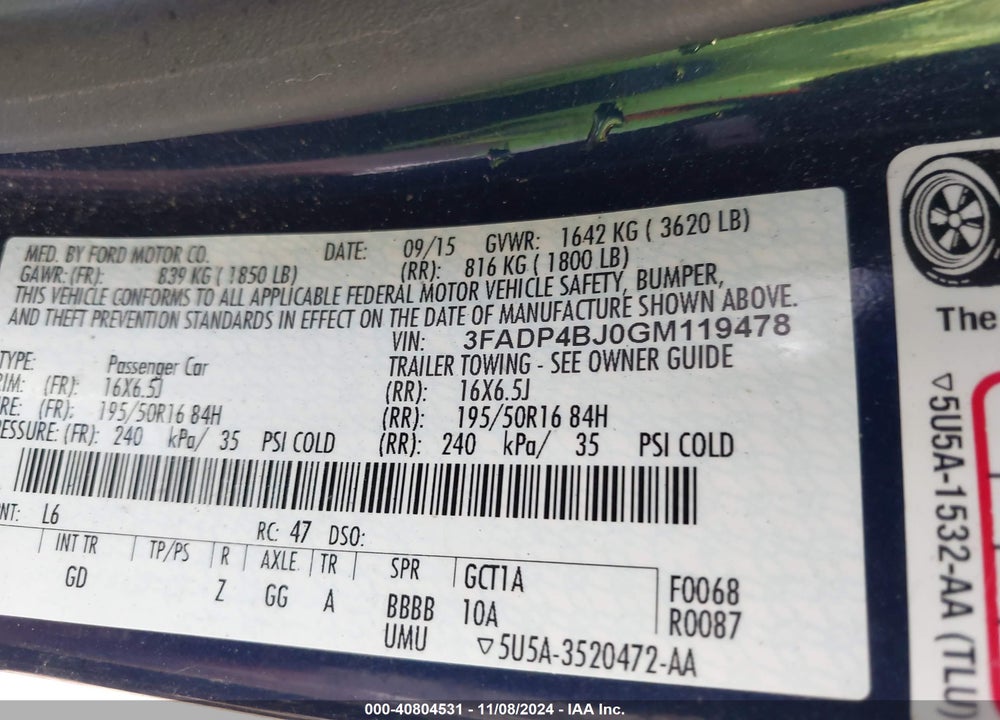 2016 FORD FIESTA SE VIN: 3FADP4BJ0GM119478