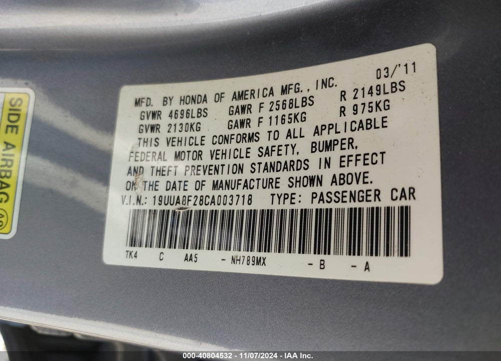 2012 ACURA TL 3.5 VIN: 19UUA8F28CA003718