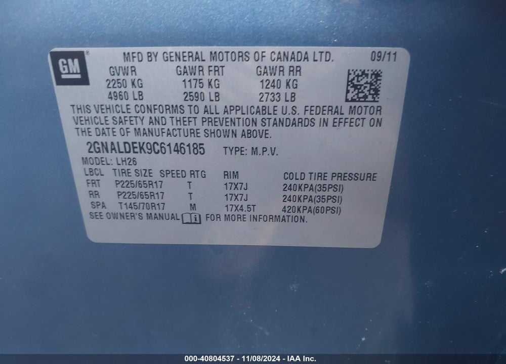 2012 CHEVROLET EQUINOX 1LT VIN: 2GNALDEK9C6146185