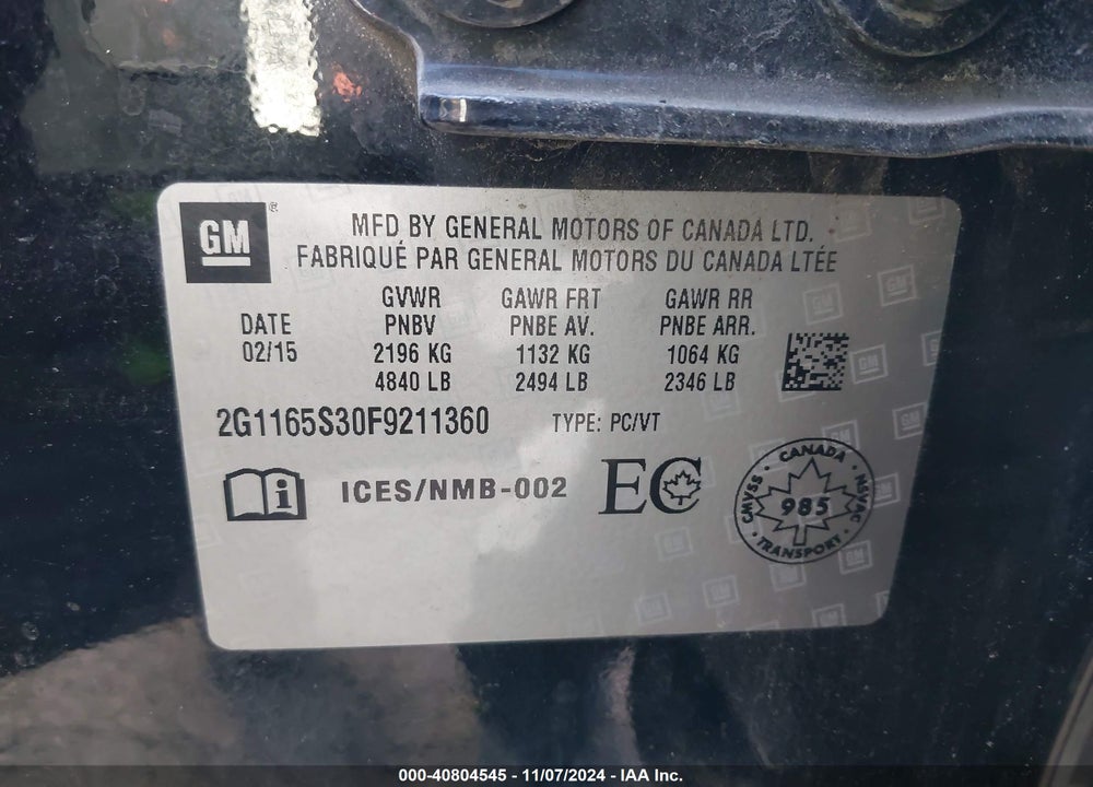2015 CHEVROLET IMPALA 2LZ VIN: 2G1165S30F9211360