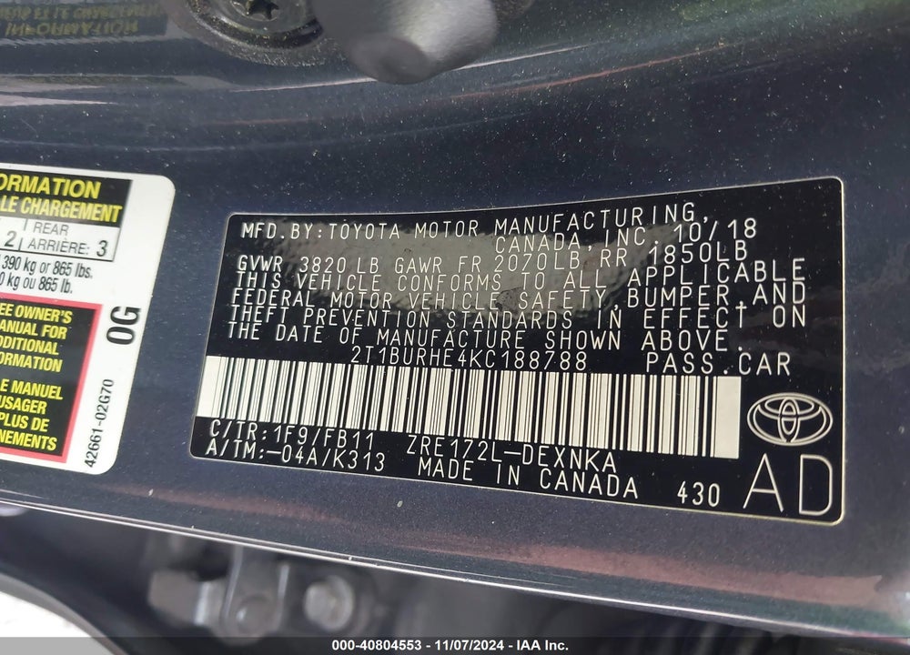 2019 TOYOTA COROLLA LE VIN: 2T1BURHE4KC188788