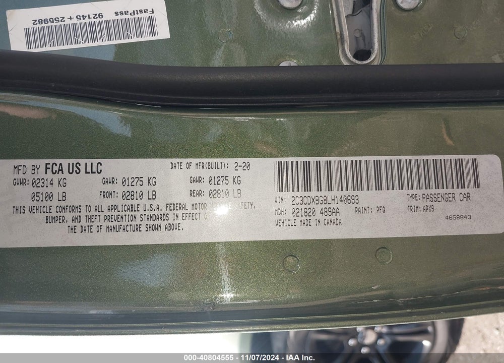 2020 DODGE CHARGER VIN: 2C3CDXBG8LH140693