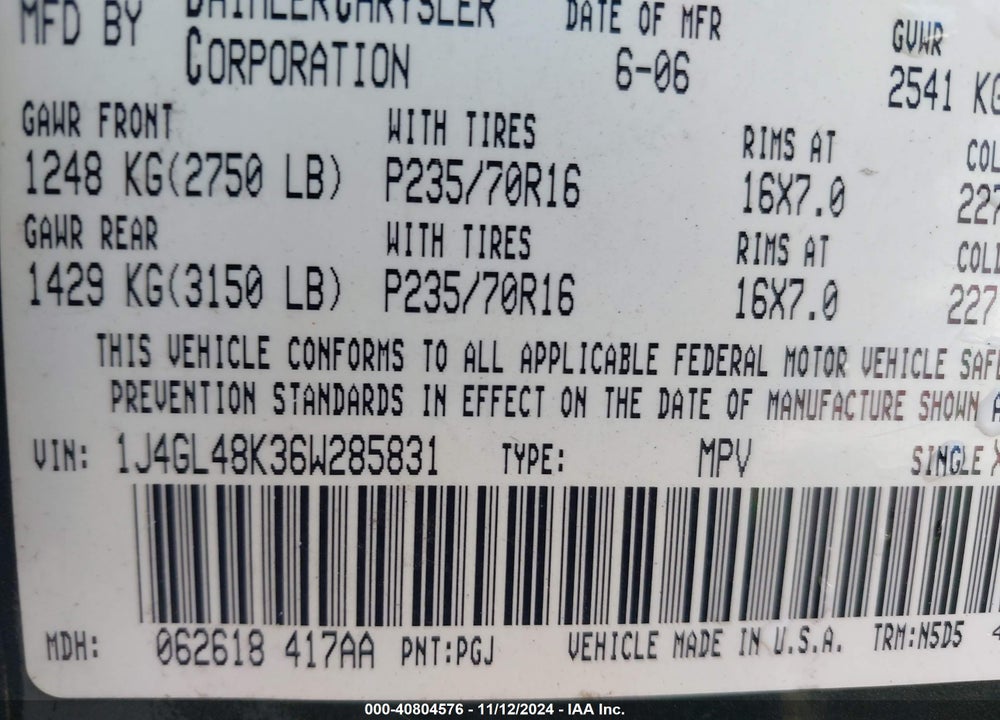 2006 JEEP LIBERTY SPORT VIN: 1J4GL48K36W285831