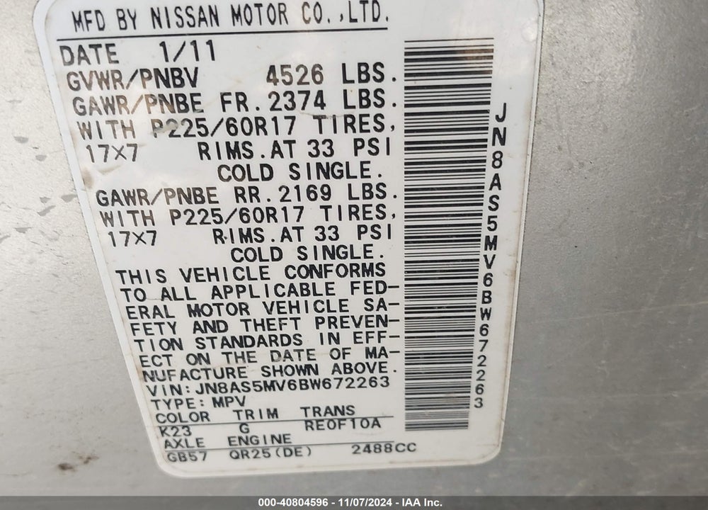 2011 NISSAN ROGUE SV VIN: JN8AS5MV6BW672263