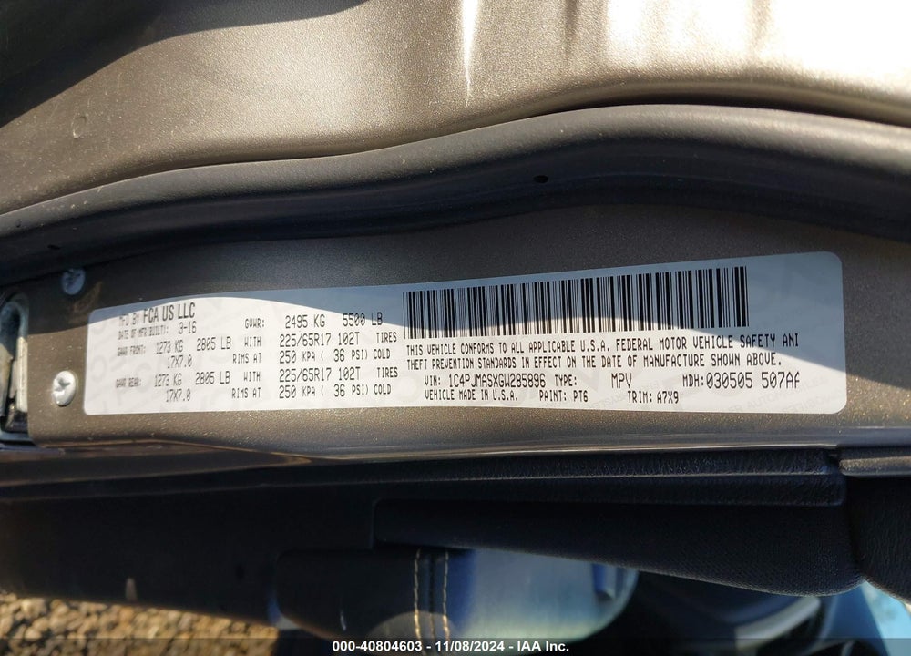 2016 CHEROKEE JEEP  SPORT VIN: 1C4PJMASXGW285896