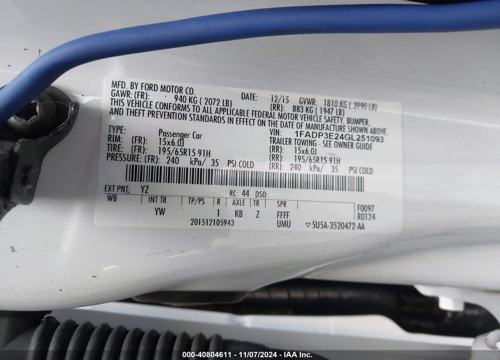 2016 FORD FOCUS S VIN: 1FADP3E24GL251093