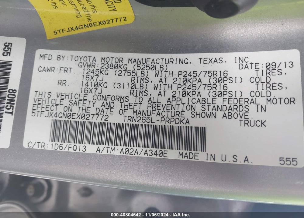 2014 TOYOTA TACOMA PRERUNNER VIN: 5TFJX4GN0EX027772