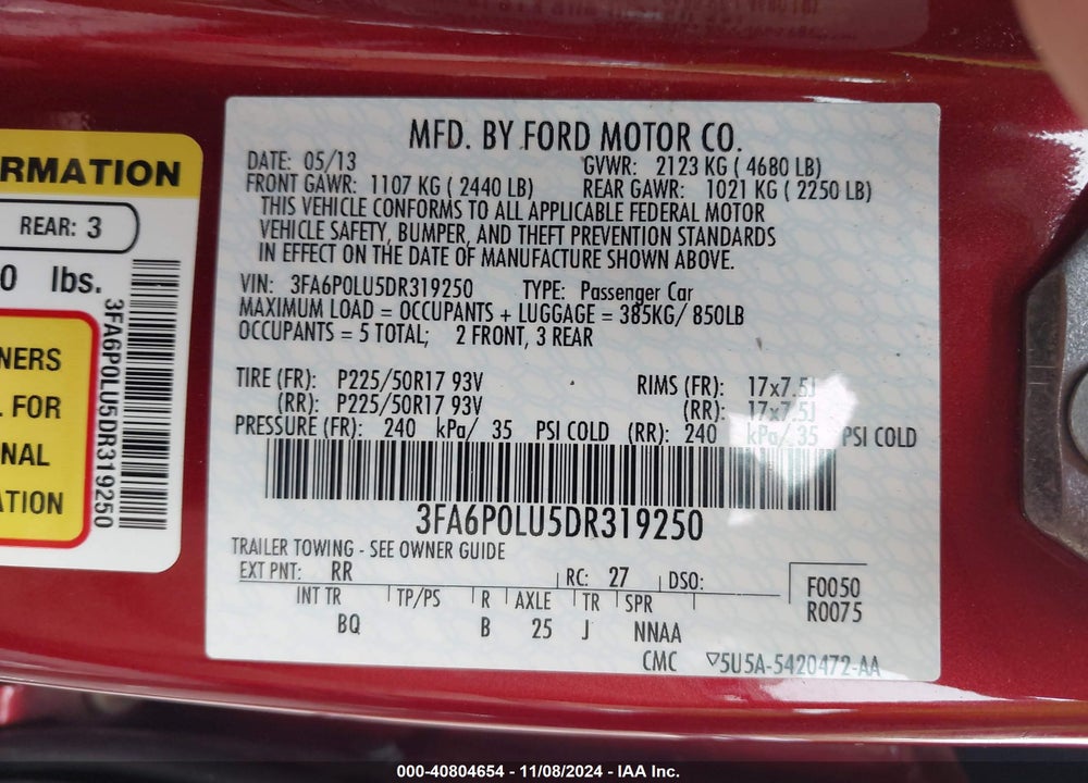 2013 FORD FUSION HYBRID SE VIN: 3FA6P0LU5DR319250