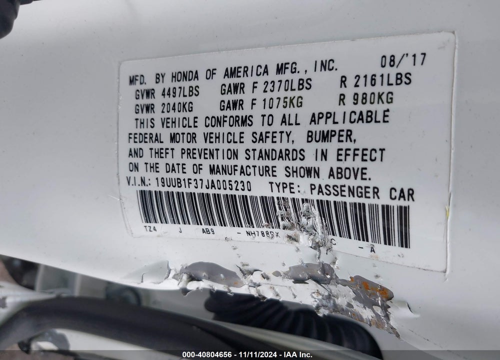 2018 ACURA TLX VIN: 19UUB1F37JA005230