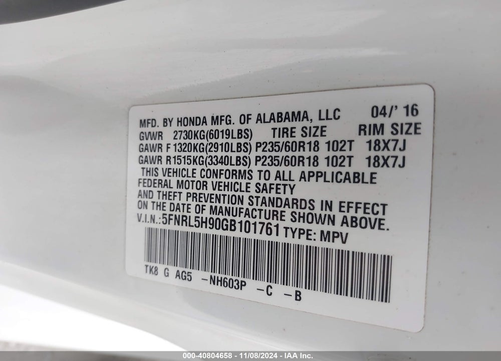 2016 HONDA ODYSSEY TOURING/TOURING ELITE VIN: 5FNRL5H90GB101761