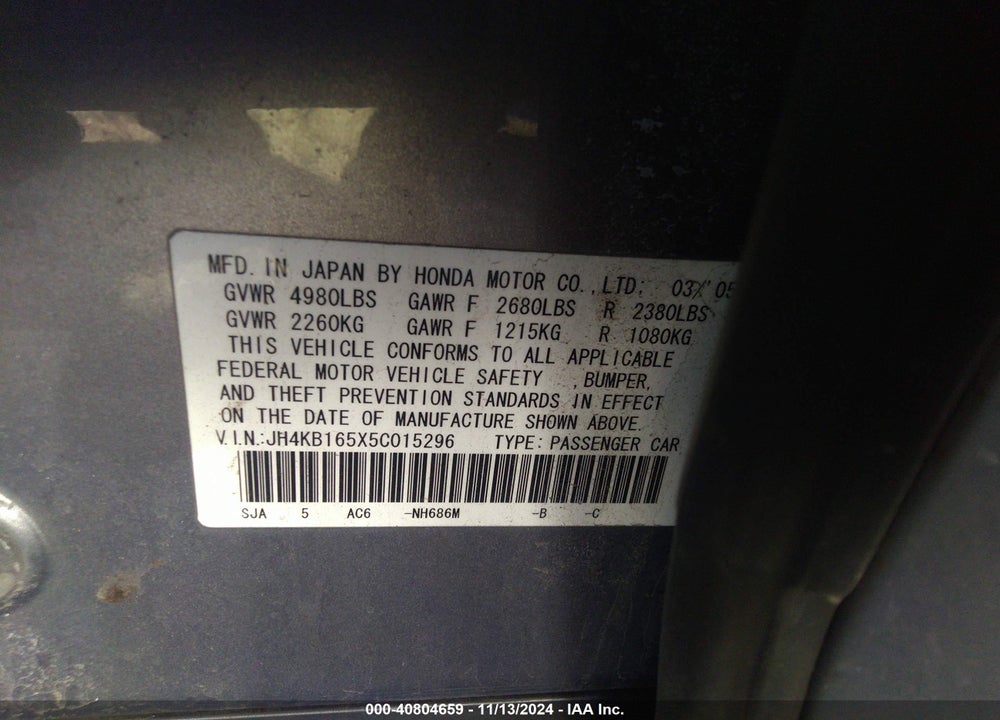 2005 ACURA RL 3.5 (48-STATE ONLY) (A5) VIN: JH4KB165X5C015296