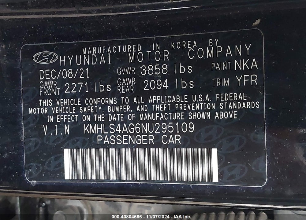 2022 HYUNDAI ELANTRA VIN: KMHLS4AG6NU295109