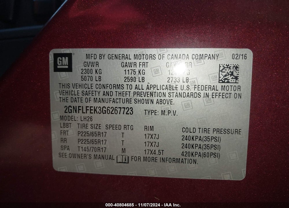 2016 CHEVROLET EQUINOX LT VIN: 2GNFLFEK3G6267723