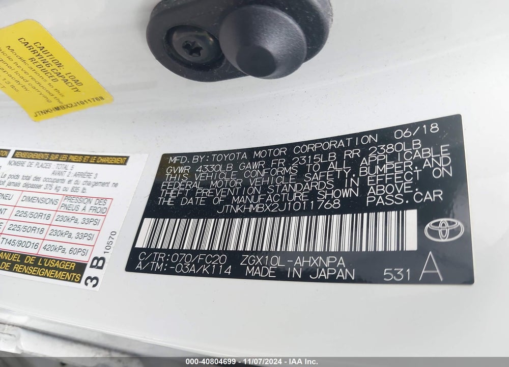 2018 TOYOTA C-HR XLE PREMIUM VIN: JTNKHMBX2J1011768