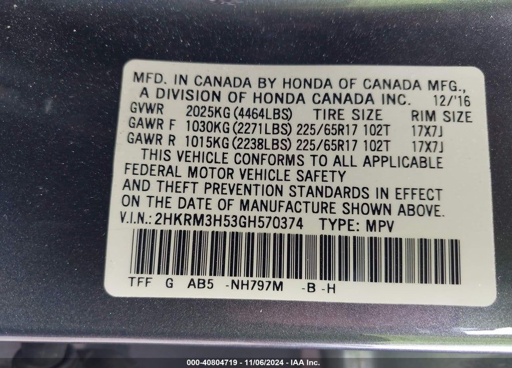 2016 HONDA CR-V EX VIN: 2HKRM3H53GH570374