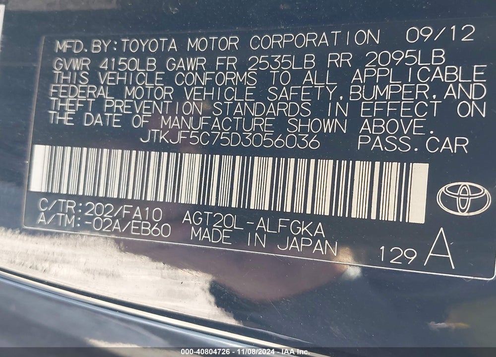 2013 SCION TC VIN: JTKJF5C75D3056036