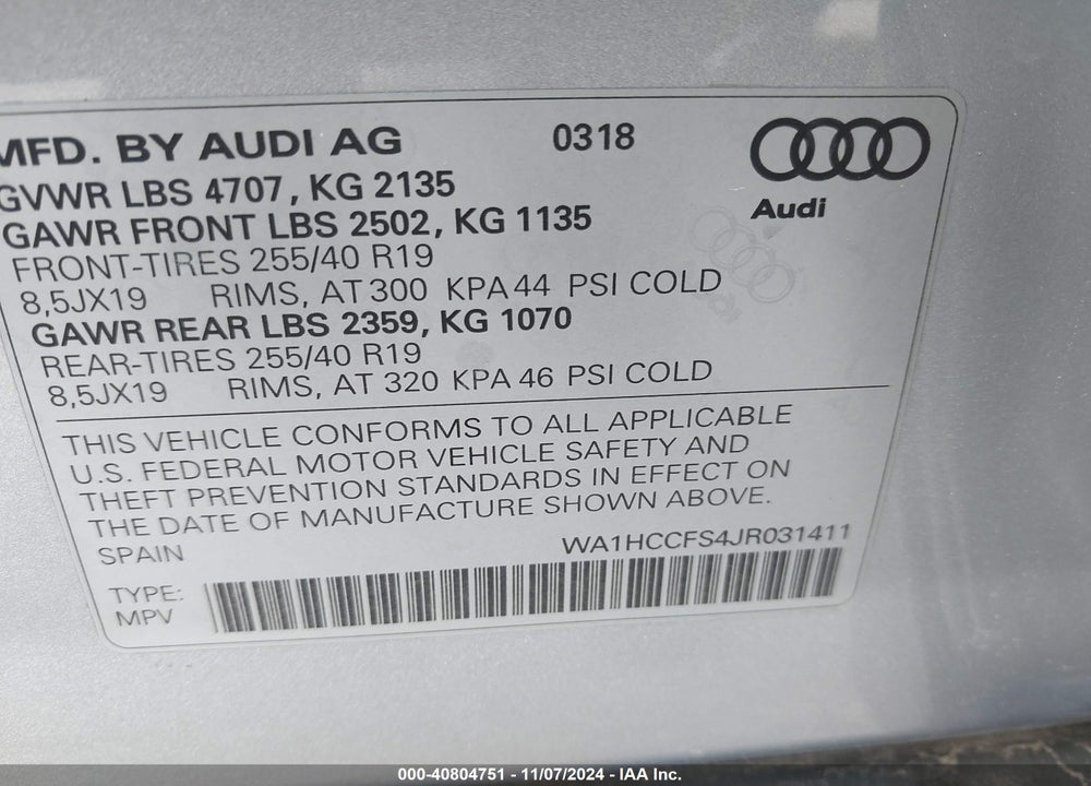 2018 AUDI Q3 2.0T PREMIUM/2.0T SPORT PREMIUM VIN: WA1HCCFS4JR031411