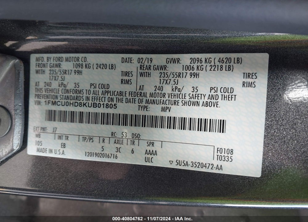 2019 FORD ESCAPE SEL VIN: 1FMCU0HD8KUB01805